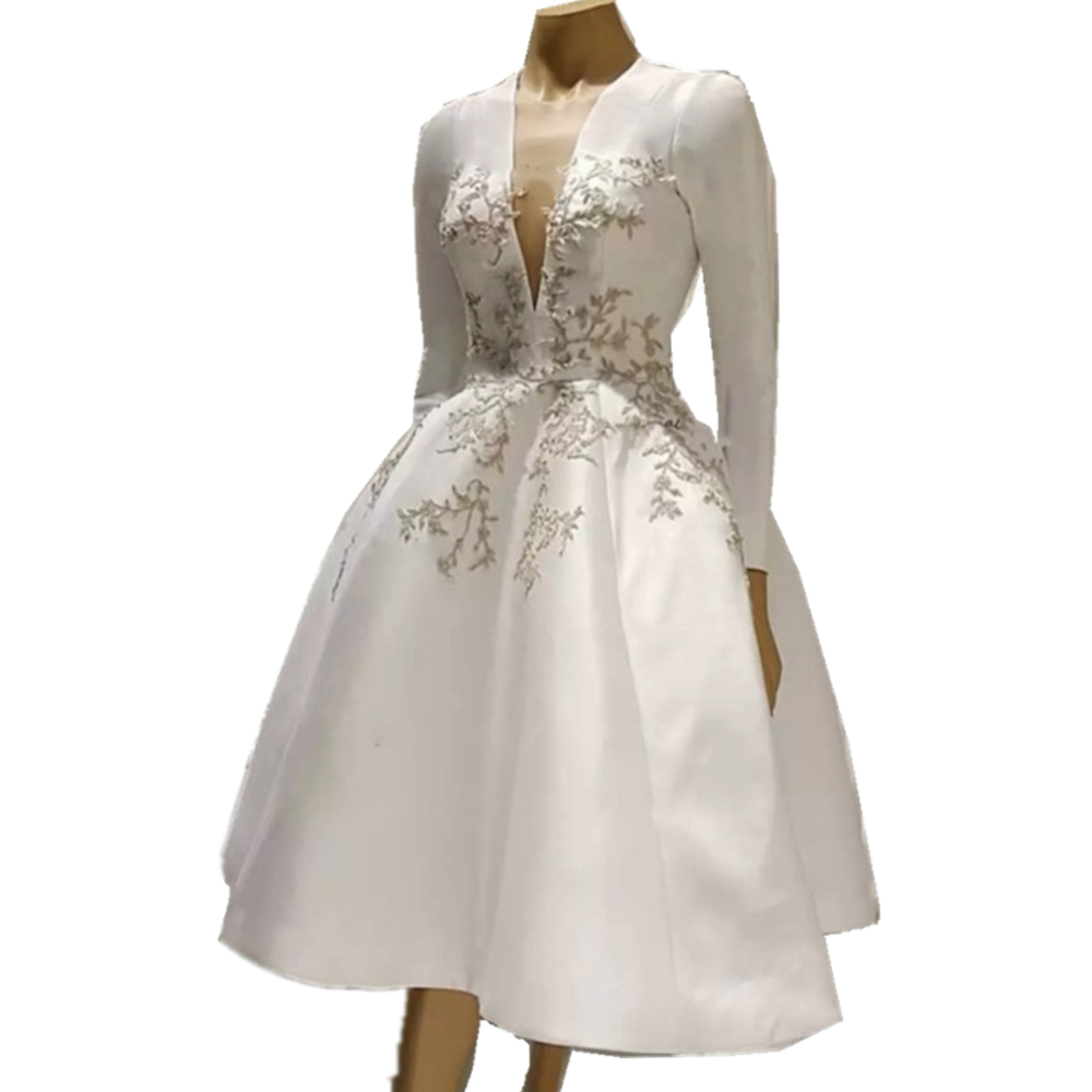 2023 Elegant Knee Length A Line Wedding Dresses Silver Embroidery V-Neck Long Sleeves White Bride Reception Gowns Simple White Satin Vestido De Novia