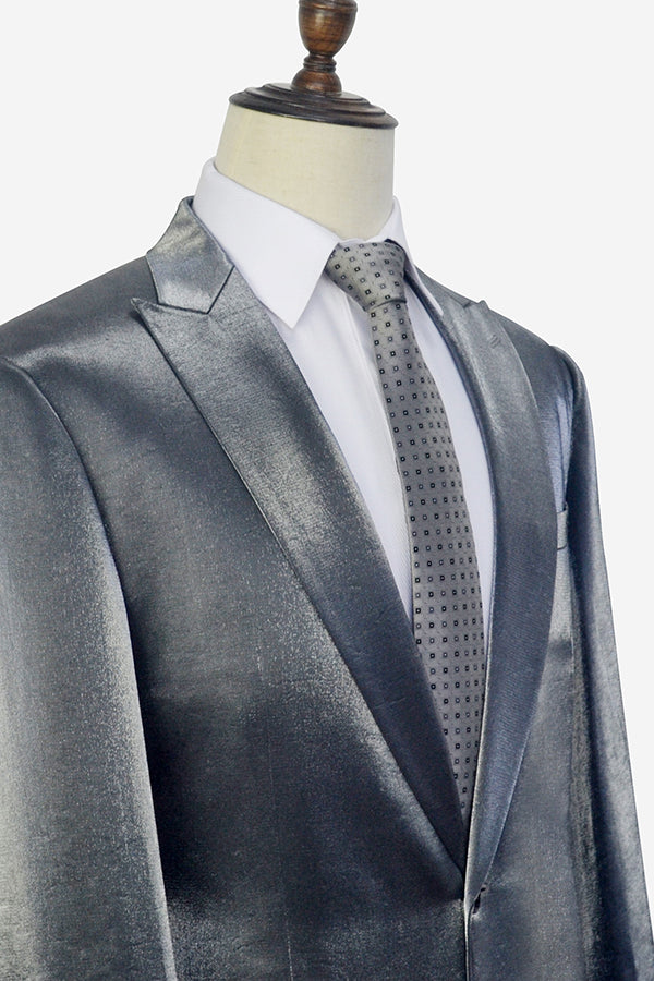 Two Pieces Wedding Tuxedos Men Suits Silvery Modern Formal Slim One Button Customized Fit Notched Lapel Three Outer Pockets Pants Bridegroom Side Vent