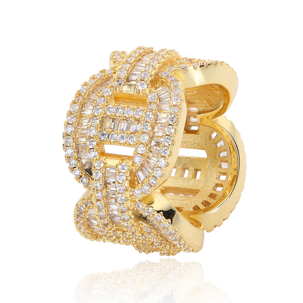Hip Hop Mixed With Side Stones Zircon Pig Nose Cuban Chain Ring Real Gold Electroplated hipopBling Men's Ring