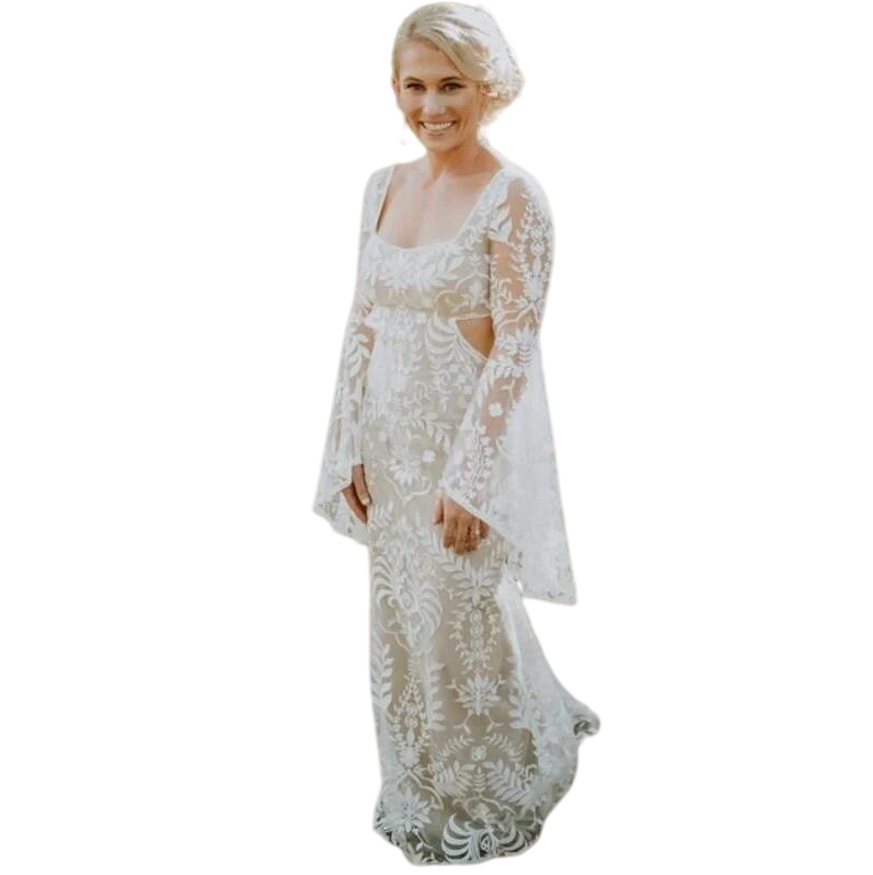 Boho Beach Lace floral Mermaid Wedding Dresses Bridal Gown Long Sleeves Square Neck Hollow Back Country vestido de novia