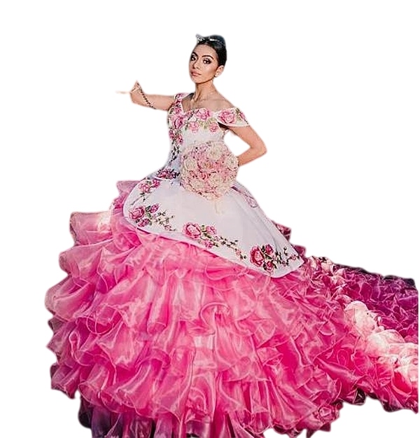 Charro fuchsia Quinceanera Dresses Floral Lace Appliqued off shoulder lace-up Sweet 16 Prom Ball Gowns Vestidos De Xv Anos 15