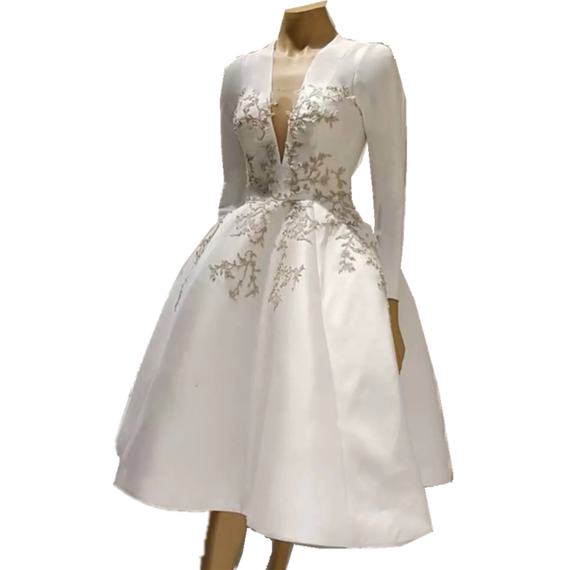 2023 Elegant Knee Length A Line Wedding Dresses Silver Embroidery V-Neck Long Sleeves White Bride Reception Gowns Simple White Satin Vestido De Novia