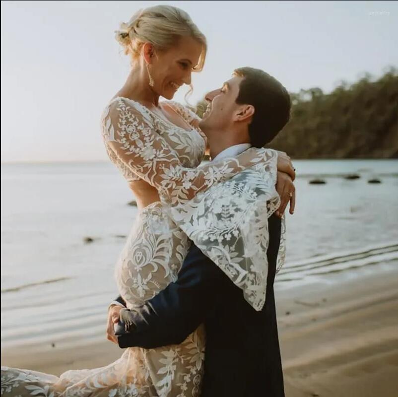 Boho Beach Lace floral Mermaid Wedding Dresses Bridal Gown Long Sleeves Square Neck Hollow Back Country vestido de novia