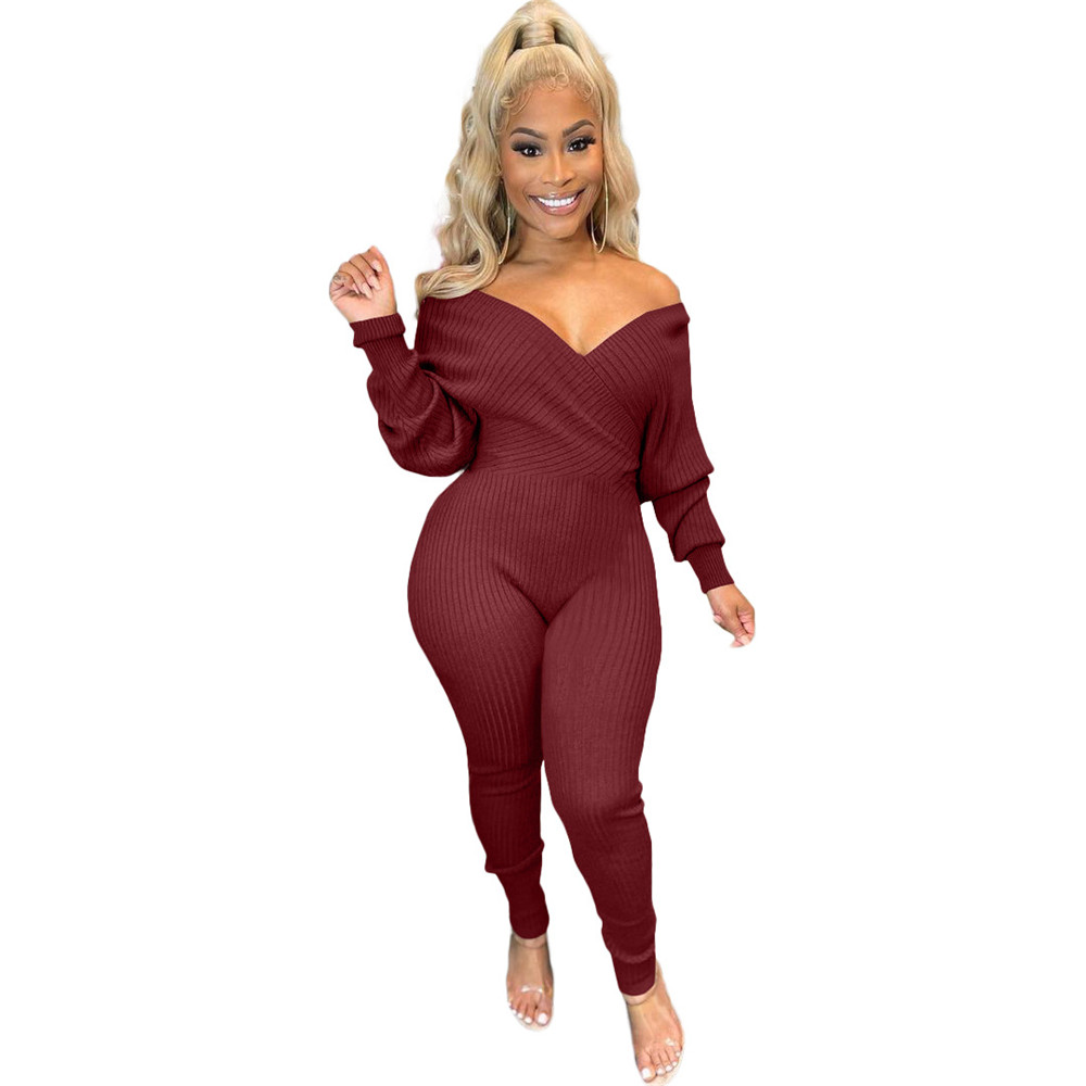 Bulk Knitted Ribbed Jumpsuits Women Long Sleeve Rompers Fall Winter Clothes Sexy V Neck Bodycon Jumpsuits Casual Solid Overalls Knit Jumpers Leggings 