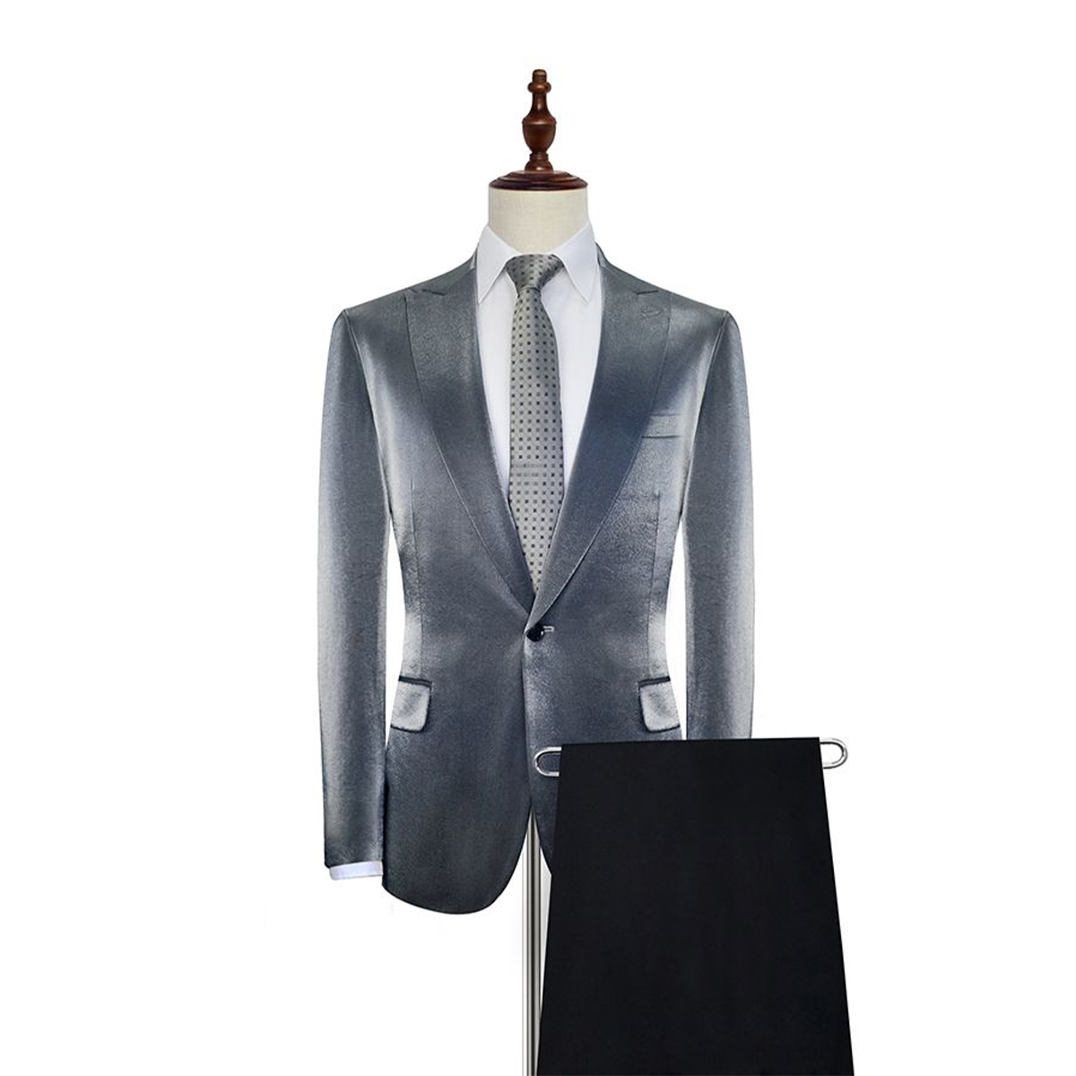 Two Pieces Wedding Tuxedos Men Suits Silvery Modern Formal Slim One Button Customized Fit Notched Lapel Three Outer Pockets Pants Bridegroom Side Vent