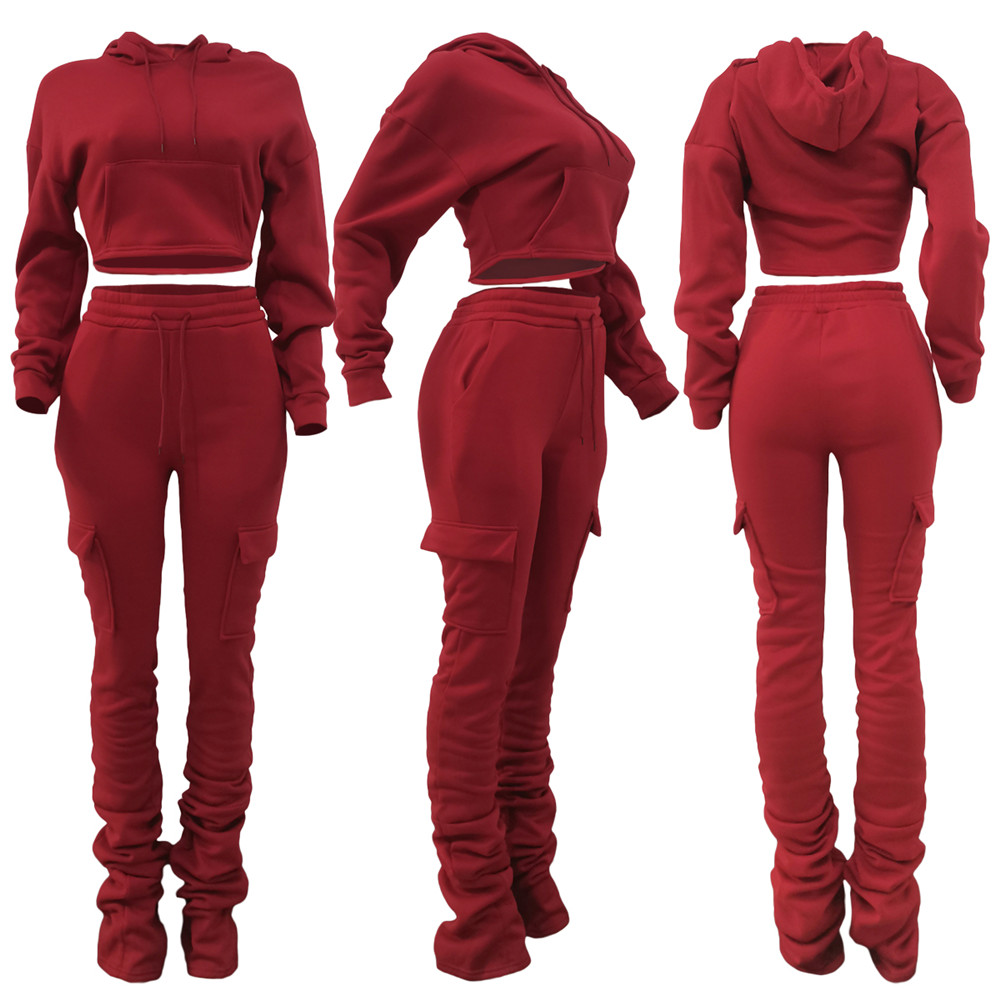 Fall Winter Fleece Tracksuits Women Clothes Jogger Suit Fall Pullover Hooded Hoodie and Stacked Pants Two 2 Piece Set Solid Outfits Casual Sports Suit