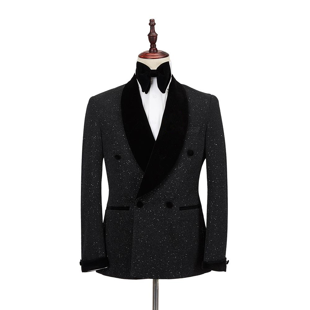 Two Pieces Wedding Tuxedos Men Suits Shining Sequins Modern Formal Slim Double Breasted Customized Fit Notched Lapel Pockets Bridegroom