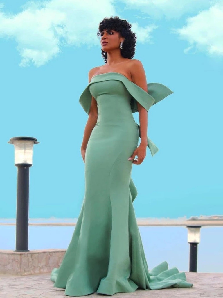 Sage Green Mermaid Evening Dresses Elegant Off Shoulder Long Satin Formal Event Gown Big Bow Backless Maxi Prom Party Dress