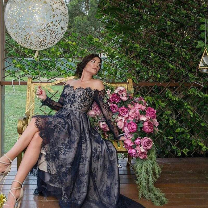 Black Off The Shoulder Plus Size Prom Dresses Lace Long Sleeve Applique Evening Gowns Hi Lo Party Dress
