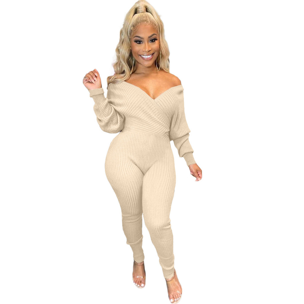 Bulk Knitted Ribbed Jumpsuits Women Long Sleeve Rompers Fall Winter Clothes Sexy V Neck Bodycon Jumpsuits Casual Solid Overalls Knit Jumpers Leggings 