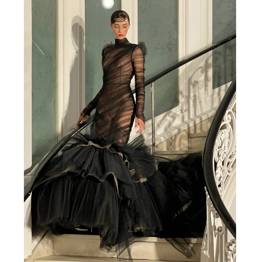 Illusion Black Tulle Mermaid prom Dresses Arabic High Collar long Sleeves Formal evening Party Dresses Puffy skirt Bottom