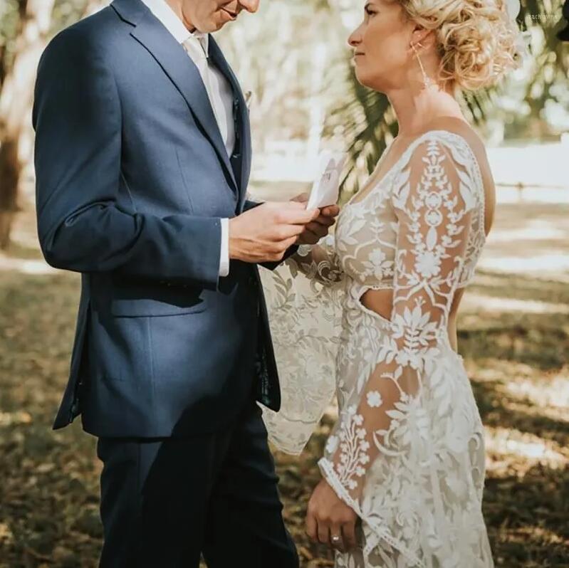 Boho Beach Lace floral Mermaid Wedding Dresses Bridal Gown Long Sleeves Square Neck Hollow Back Country vestido de novia