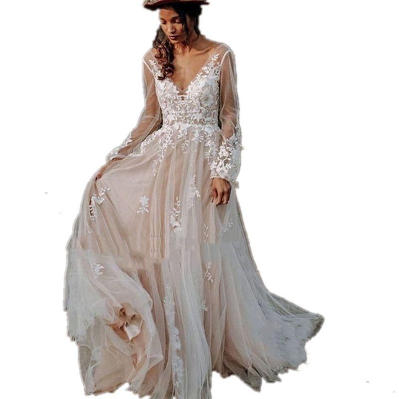 E Boho A Wedding Dresses Bridal Gowns Vintage Champagne Long Sleeves Lace Appliques Tulle Country Beach V Neck Bride Dress Sweep Train Ppliques 0914