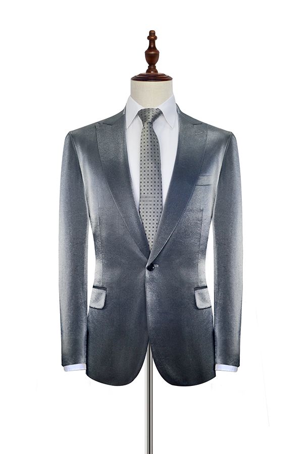 Two Pieces Wedding Tuxedos Men Suits Silvery Modern Formal Slim One Button Customized Fit Notched Lapel Three Outer Pockets Pants Bridegroom Side Vent