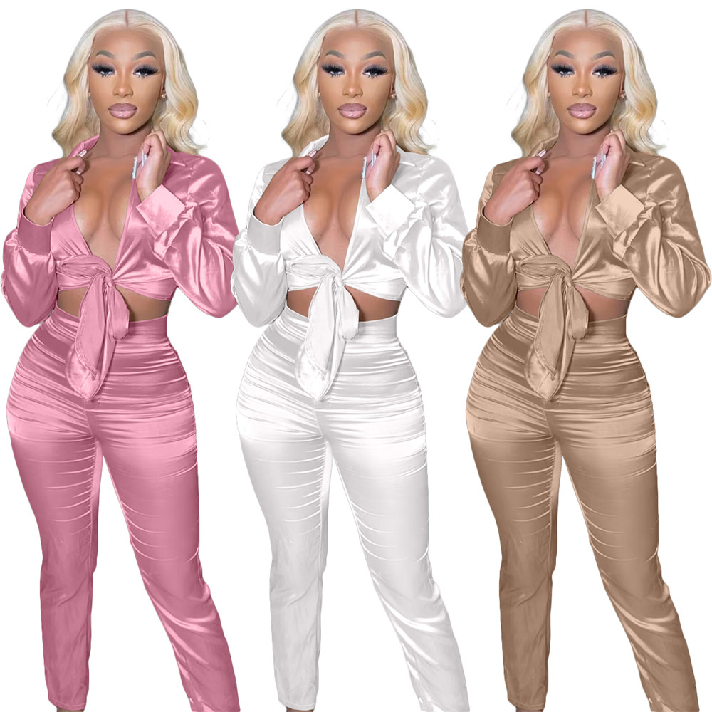 Bulk Satin Tracksuits Women Two Piece Sets Outfits Fall Winter Clothing Long Sleeve Shirt and Pants Matching Set Casual Sportswear 8779
