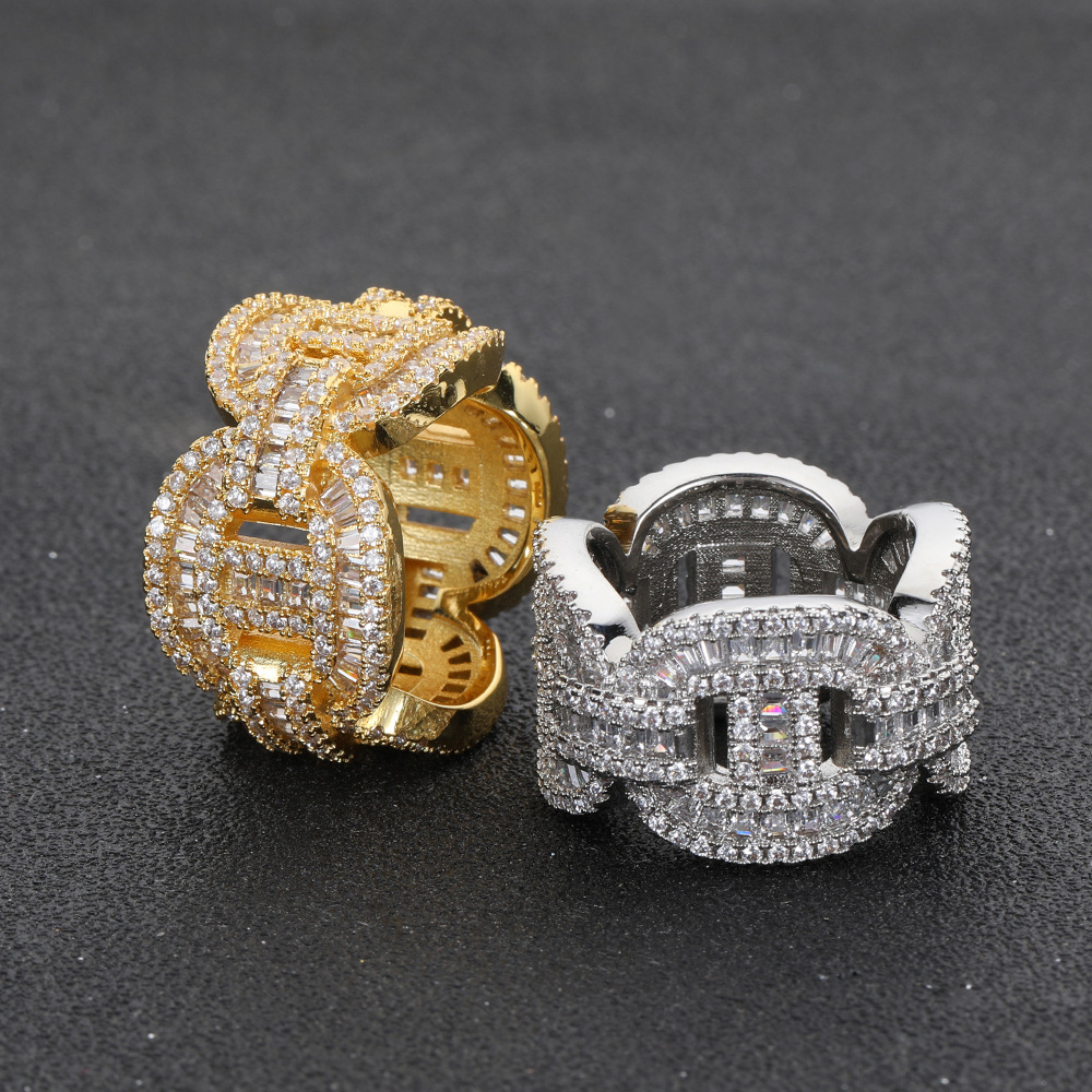 Hip Hop Mixed With Side Stones Zircon Pig Nose Cuban Chain Ring Real Gold Electroplated hipopBling Men's Ring