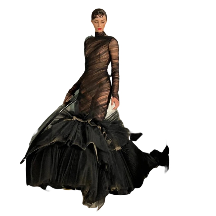 Illusion Black Tulle Mermaid prom Dresses Arabic High Collar long Sleeves Formal evening Party Dresses Puffy skirt Bottom