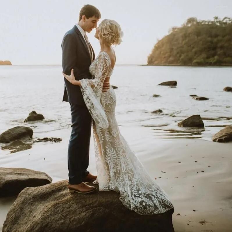 Boho Beach Lace floral Mermaid Wedding Dresses Bridal Gown Long Sleeves Square Neck Hollow Back Country vestido de novia