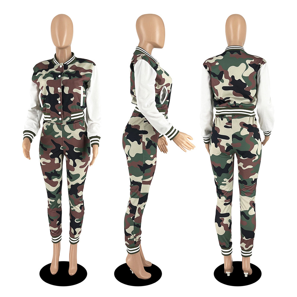 Plus Size 2XL Sweatsuits Women Fall Winter Tracksuits Baseball Uniform Outfits Two 2 Piece Sets Long Sleeve Jacket and Pants Camouflage Sportswear Clo