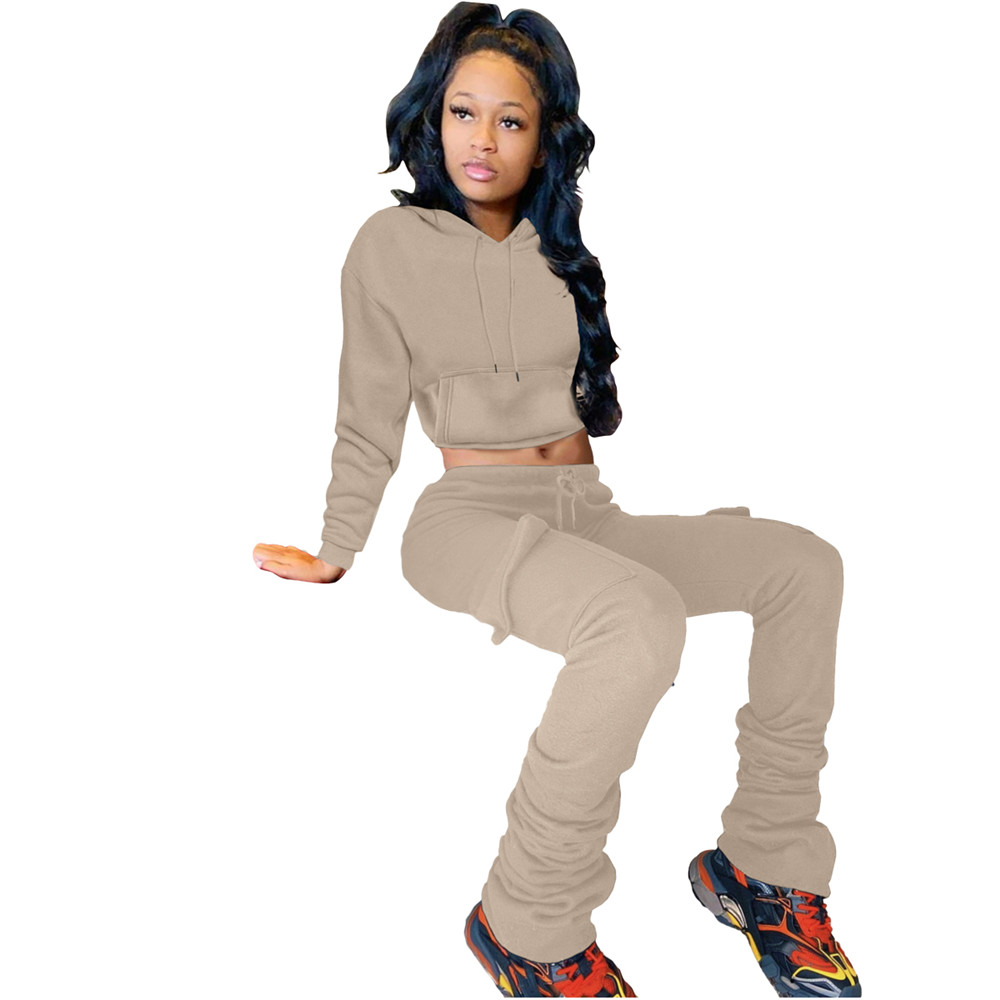 Fall Winter Fleece Tracksuits Women Clothes Jogger Suit Fall Pullover Hooded Hoodie and Stacked Pants Two 2 Piece Set Solid Outfits Casual Sports Suit