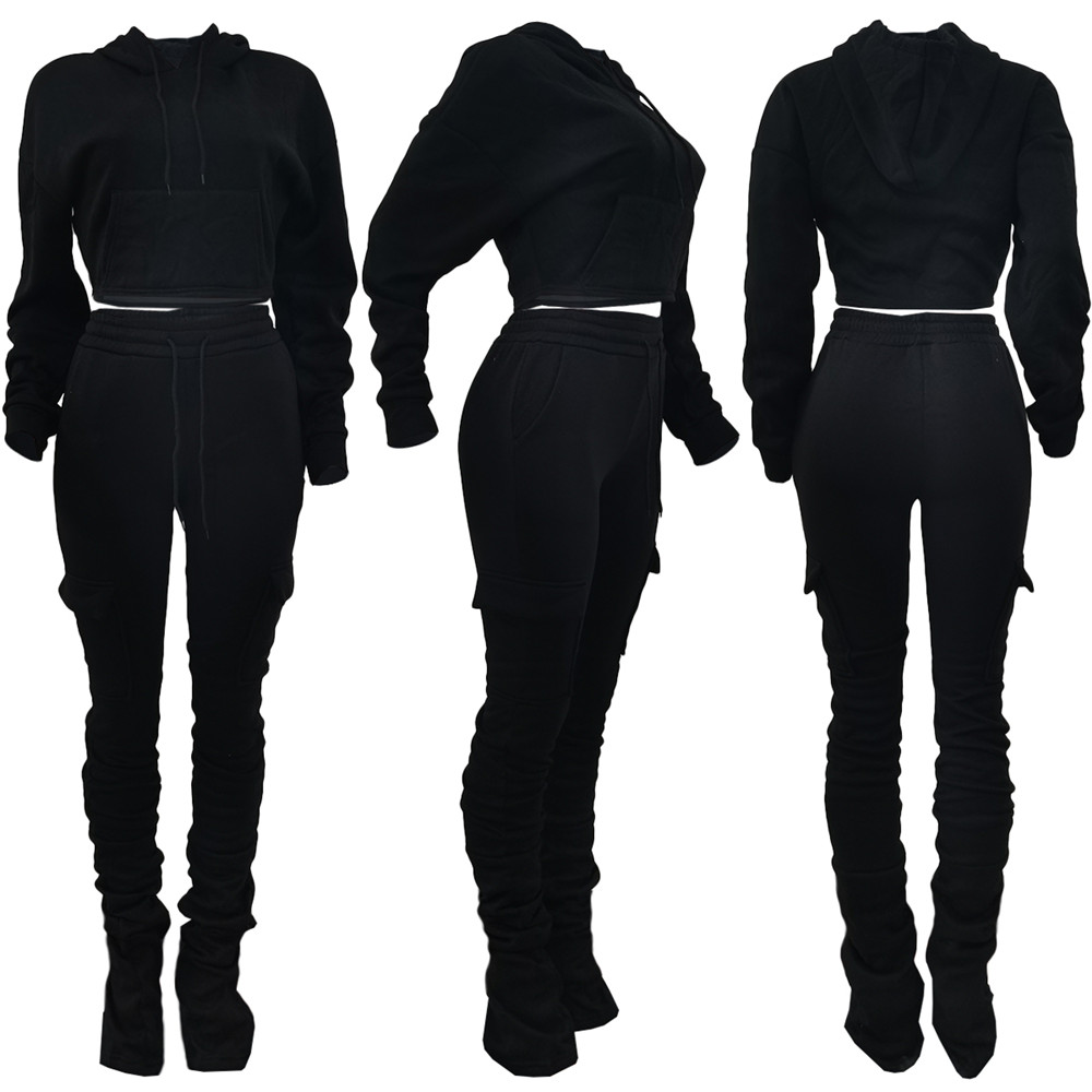 Fall Winter Fleece Tracksuits Women Clothes Jogger Suit Fall Pullover Hooded Hoodie and Stacked Pants Two 2 Piece Set Solid Outfits Casual Sports Suit
