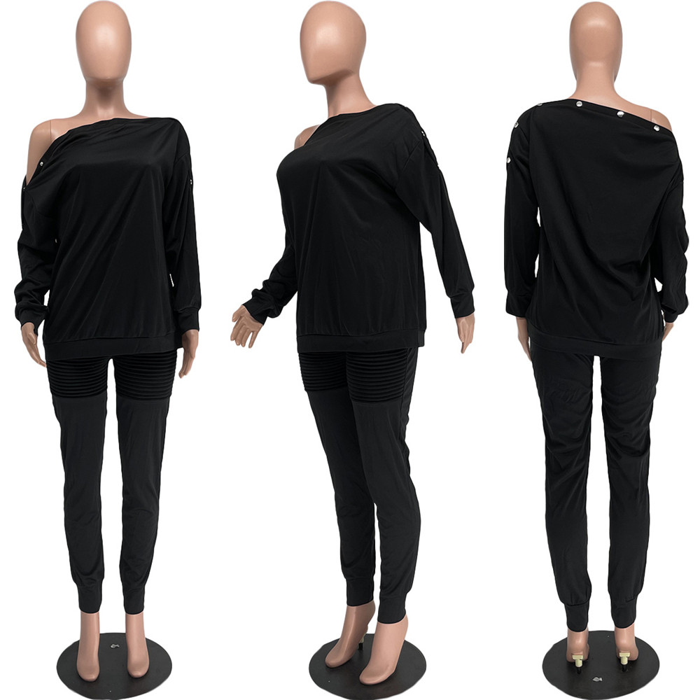 Plus size 3XL 4XL Outfits Women Tracksuits Two Piece Set Fall Winter Long Sleeve Skew Collar Pullover Top and Pants Casual Sweatsuits Solid Sport suit