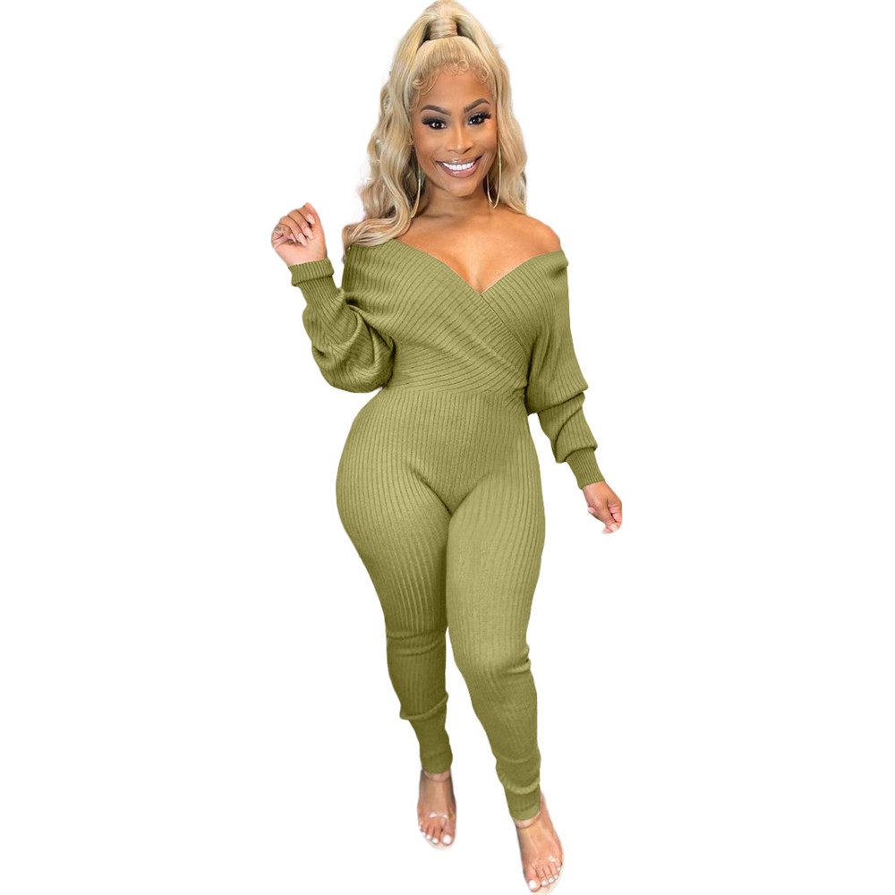 Bulk Knitted Ribbed Jumpsuits Women Long Sleeve Rompers Fall Winter Clothes Sexy V Neck Bodycon Jumpsuits Casual Solid Overalls Knit Jumpers Leggings 