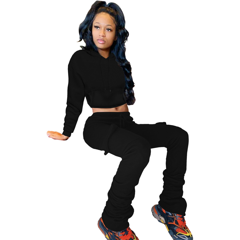 Fall Winter Fleece Tracksuits Women Clothes Jogger Suit Fall Pullover Hooded Hoodie and Stacked Pants Two 2 Piece Set Solid Outfits Casual Sports Suit