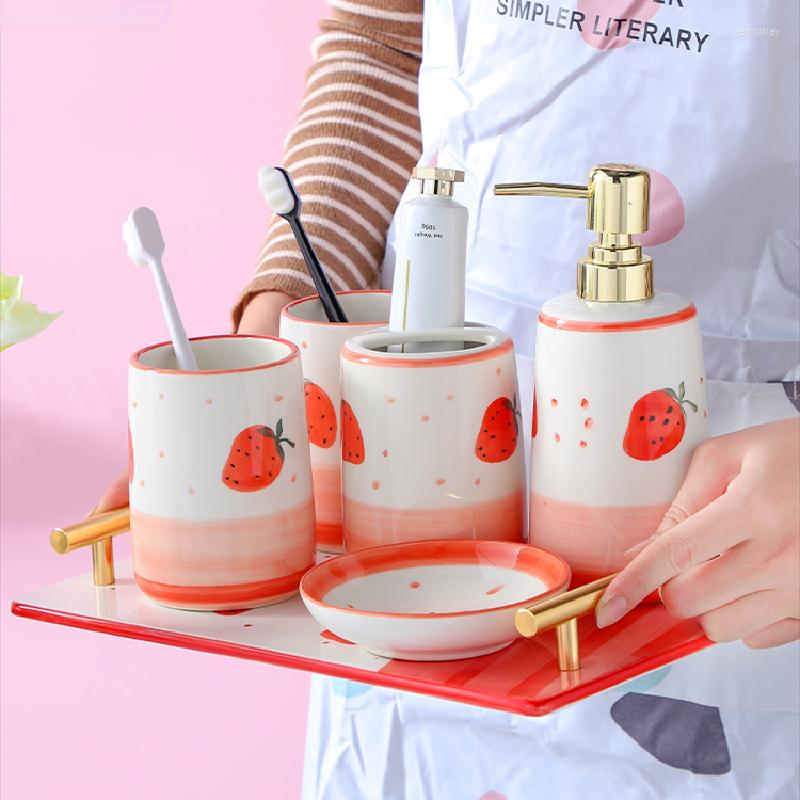 Bath Accessory Set Cute Strawberry Print Ceramic Five Piece Soap Dish Toothbrush Holder Gargle Cup Dispenser Bathroom Accessories
Bath Accessory Set Cute Strawberry Print Ceramic Five Piece Soap Dish Toothbrush Holder Gargle Cup Dispenser Bathroom Accessories
