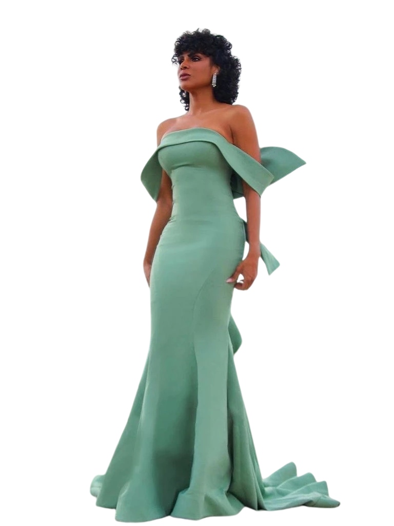 Sage Green Mermaid Evening Dresses Elegant Off Shoulder Long Satin Formal Event Gown Big Bow Backless Maxi Prom Party Dress