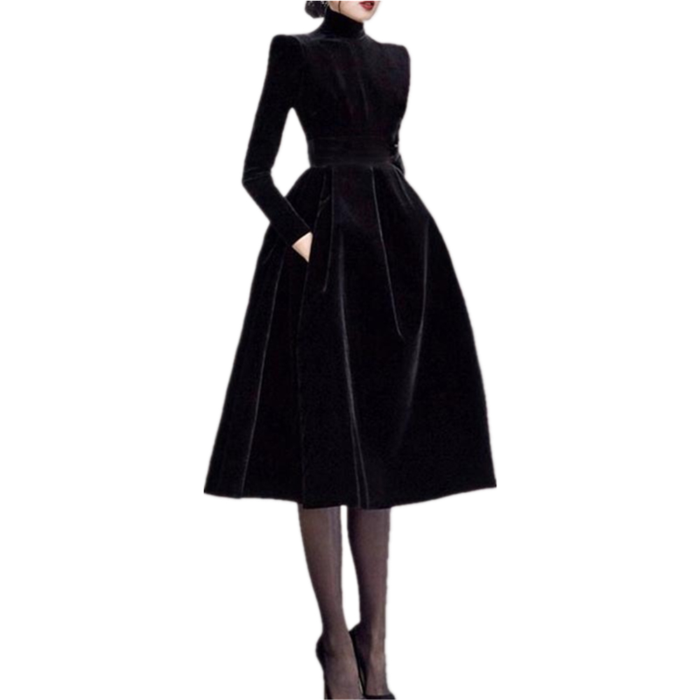 2023 Vintage Black Velvet Prom Dresses With Pockets Knee Length High Neck Long Sleeves A Line Formal Evening Gowns Arabic Dubai Short Special Occasion