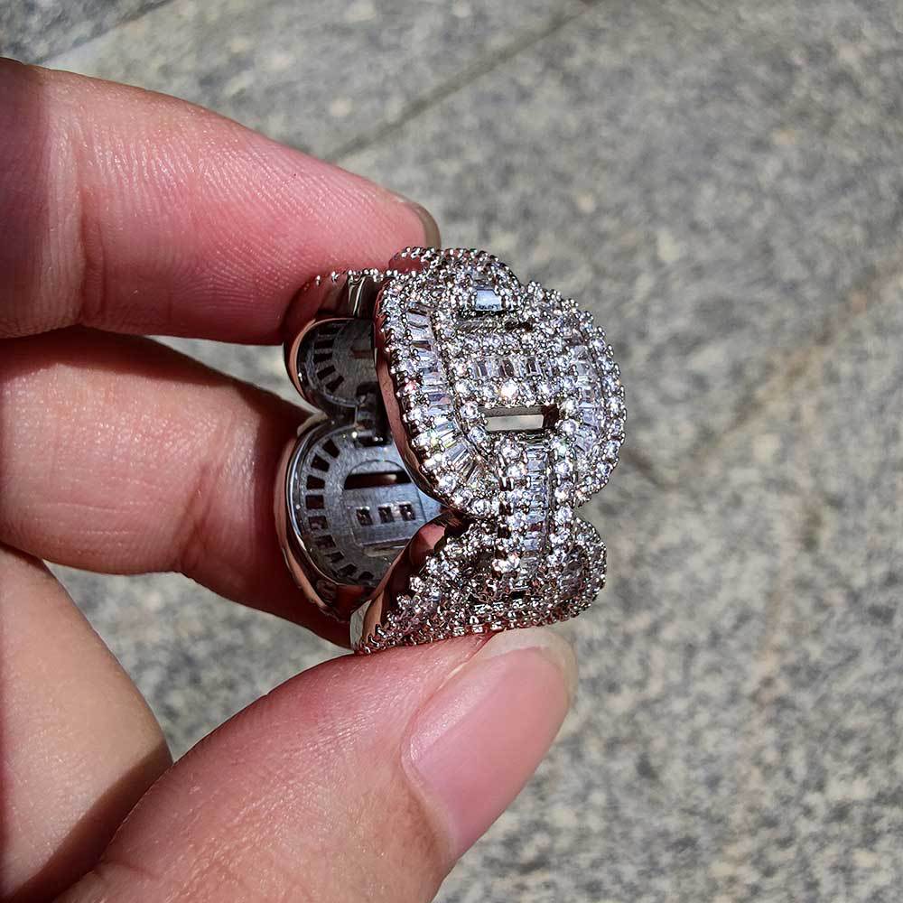 Hip Hop Mixed With Side Stones Zircon Pig Nose Cuban Chain Ring Real Gold Electroplated hipopBling Men's Ring