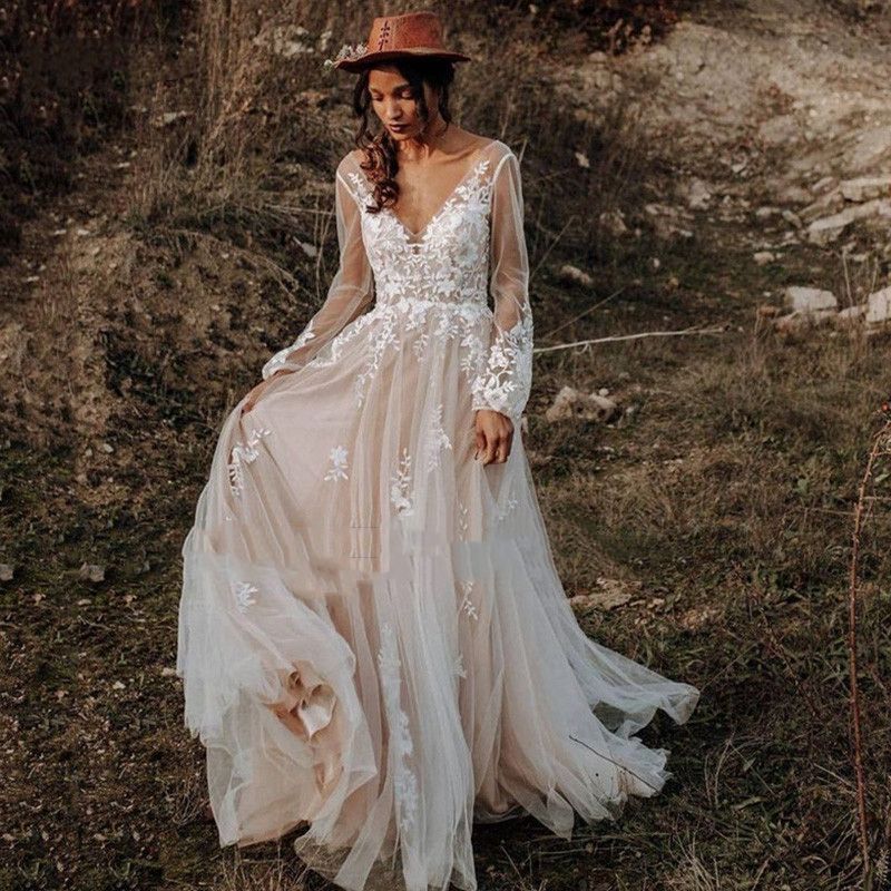E Boho A Wedding Dresses Bridal Gowns Vintage Champagne Long Sleeves Lace Appliques Tulle Country Beach V Neck Bride Dress Sweep Train Ppliques 0914