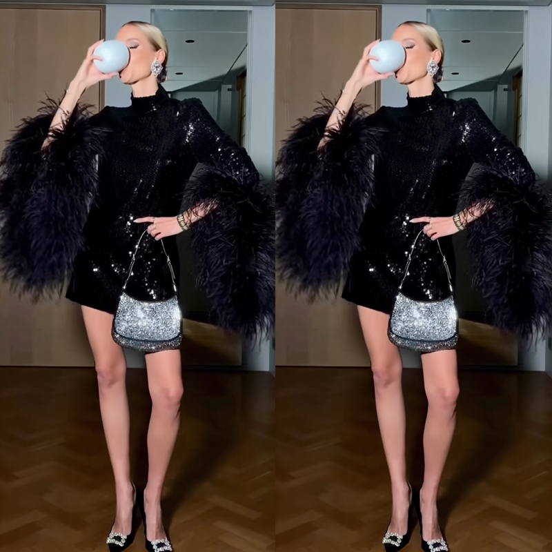 2023 Feathers Long Sleeves Prom Dresses Short Glitter Black Sequined Cocktail Party Dress For Women High Neck Sheath Evening Special Occasion Gowns