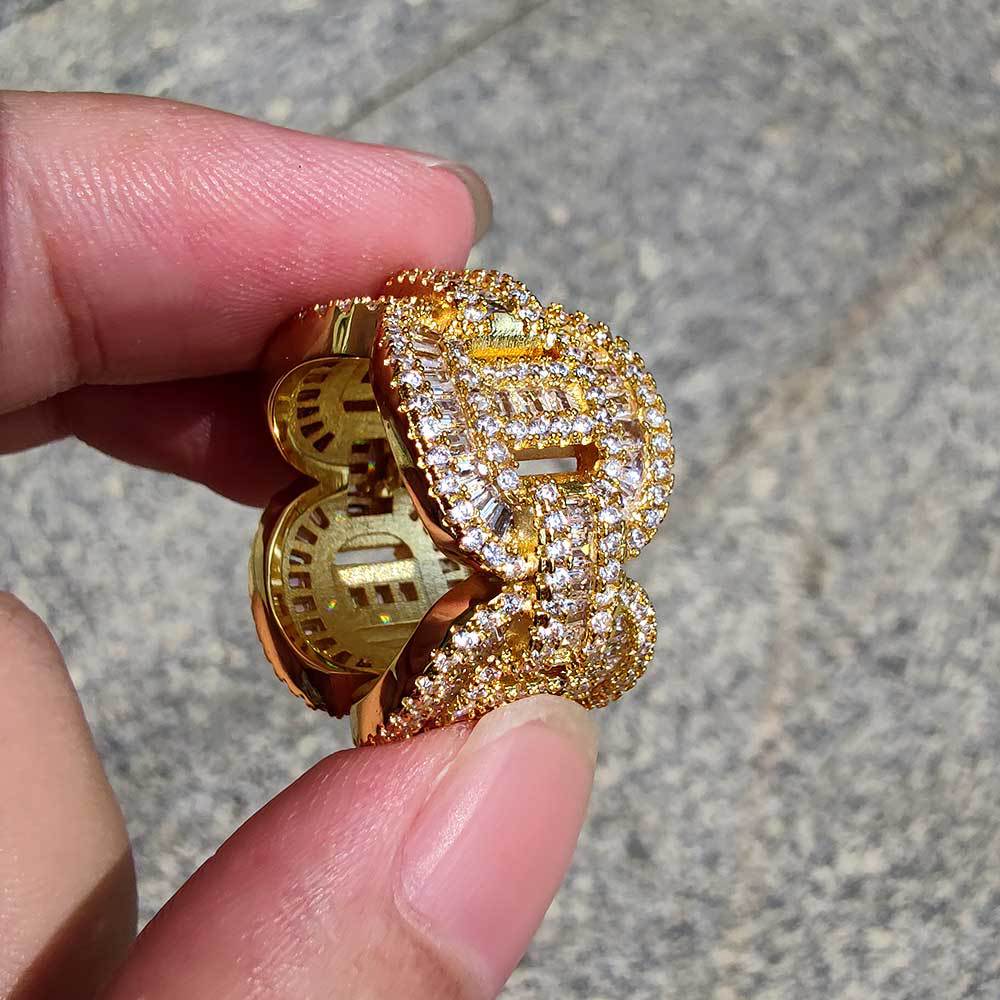 Hip Hop Mixed With Side Stones Zircon Pig Nose Cuban Chain Ring Real Gold Electroplated hipopBling Men's Ring