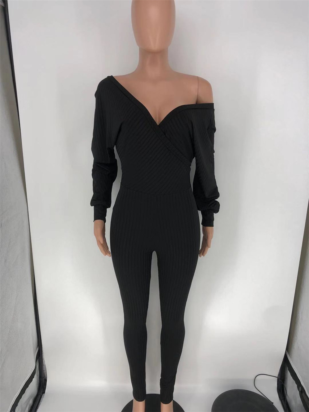 Bulk Knitted Ribbed Jumpsuits Women Long Sleeve Rompers Fall Winter Clothes Sexy V Neck Bodycon Jumpsuits Casual Solid Overalls Knit Jumpers Leggings 
