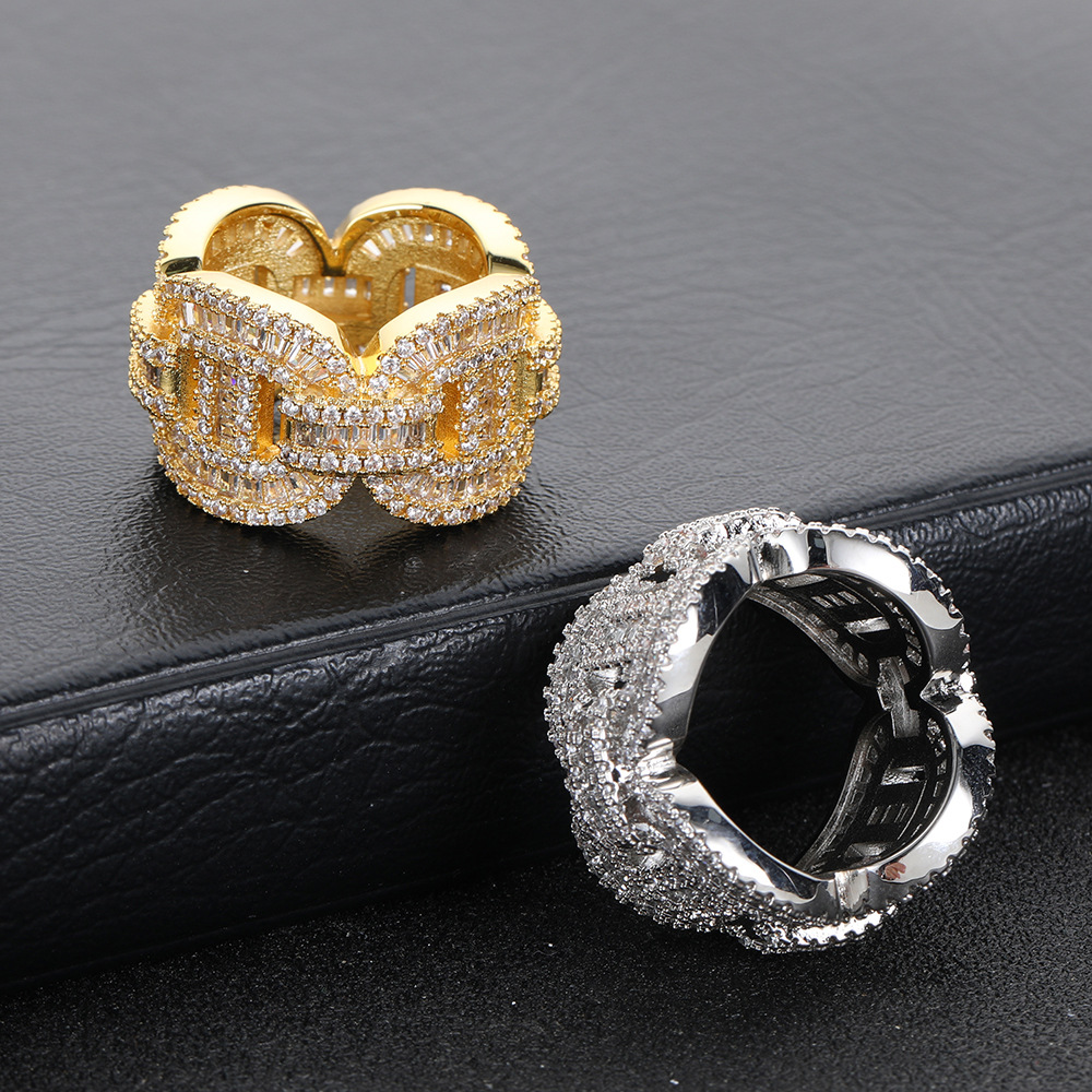 Hip Hop Mixed With Side Stones Zircon Pig Nose Cuban Chain Ring Real Gold Electroplated hipopBling Men's Ring
