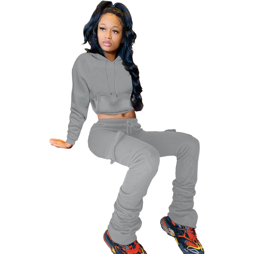Fall Winter Fleece Tracksuits Women Clothes Jogger Suit Fall Pullover Hooded Hoodie and Stacked Pants Two 2 Piece Set Solid Outfits Casual Sports Suit