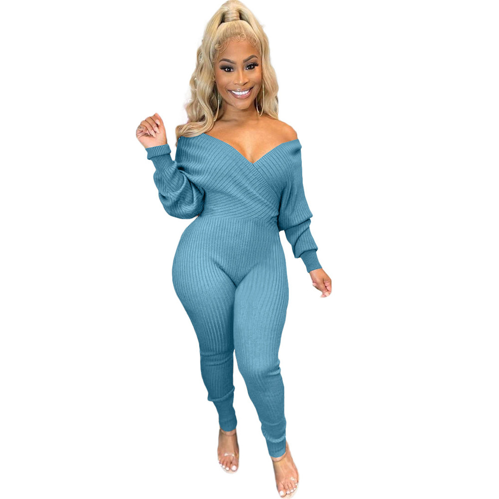 Bulk Knitted Ribbed Jumpsuits Women Long Sleeve Rompers Fall Winter Clothes Sexy V Neck Bodycon Jumpsuits Casual Solid Overalls Knit Jumpers Leggings 