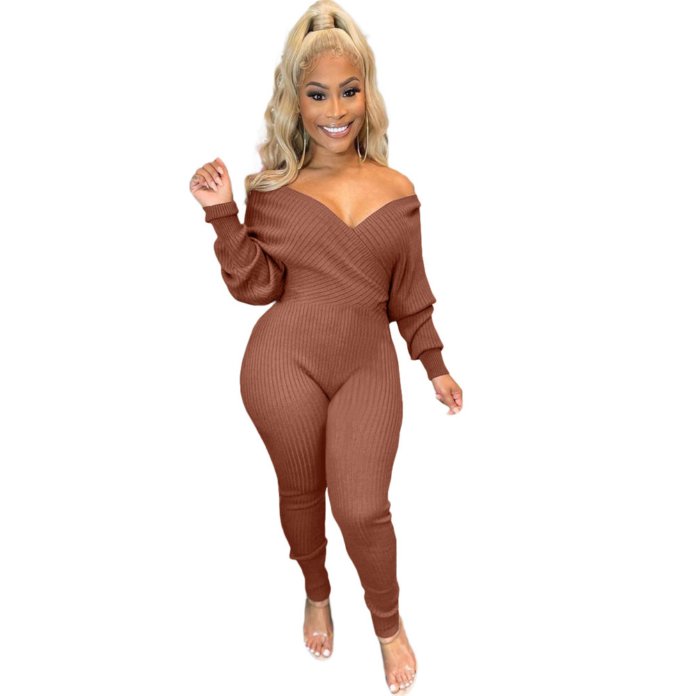 Bulk Knitted Ribbed Jumpsuits Women Long Sleeve Rompers Fall Winter Clothes Sexy V Neck Bodycon Jumpsuits Casual Solid Overalls Knit Jumpers Leggings 