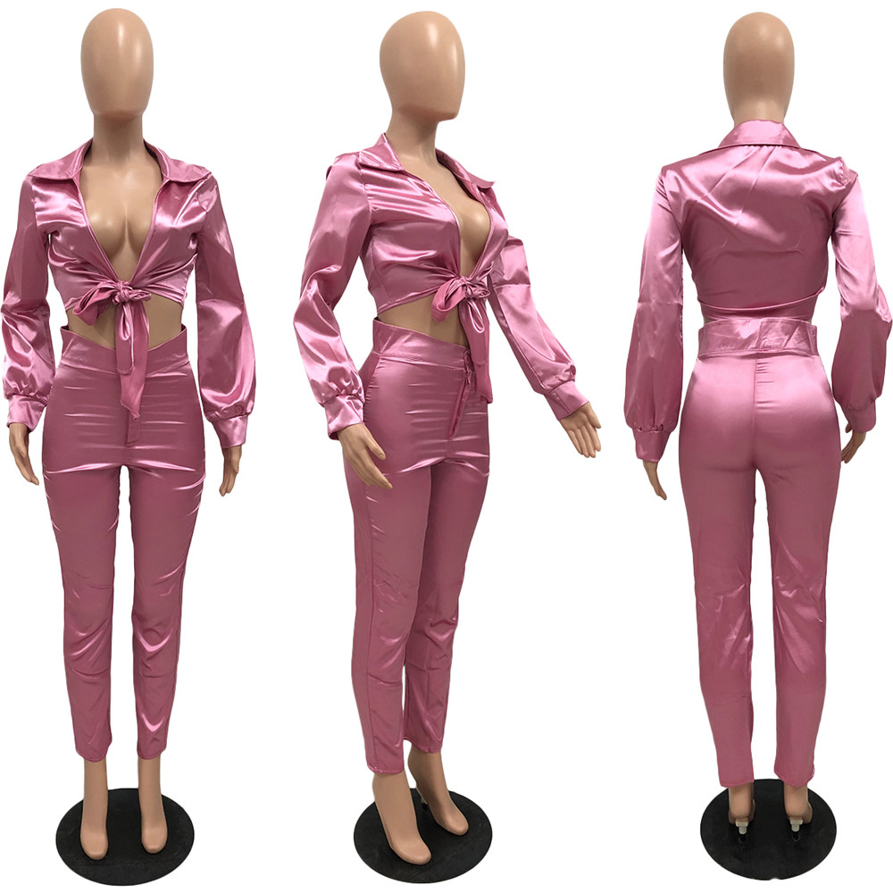 Bulk Satin Tracksuits Women Two Piece Sets Outfits Fall Winter Clothing Long Sleeve Shirt and Pants Matching Set Casual Sportswear 8779