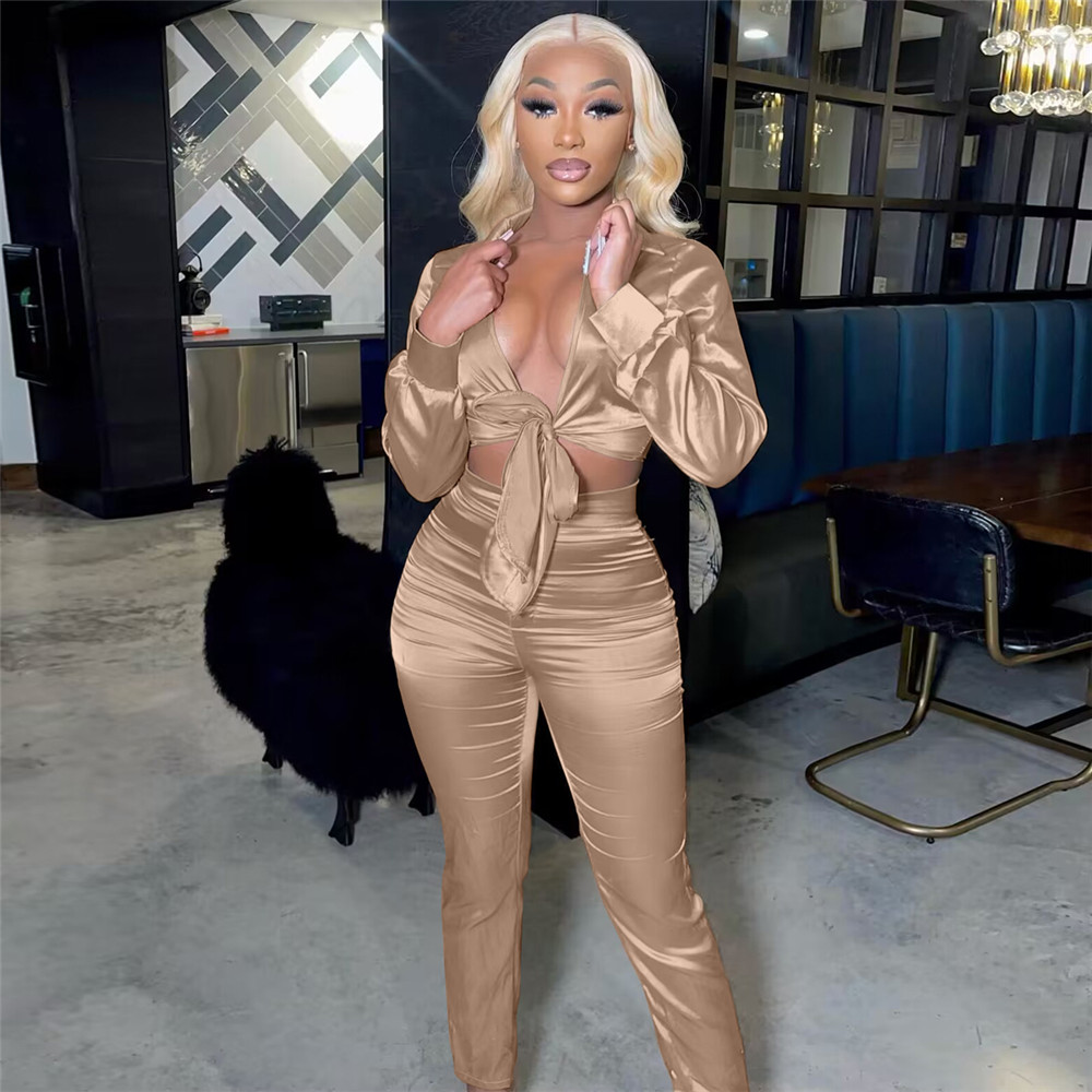 Bulk Satin Tracksuits Women Two Piece Sets Outfits Fall Winter Clothing Long Sleeve Shirt and Pants Matching Set Casual Sportswear 8779