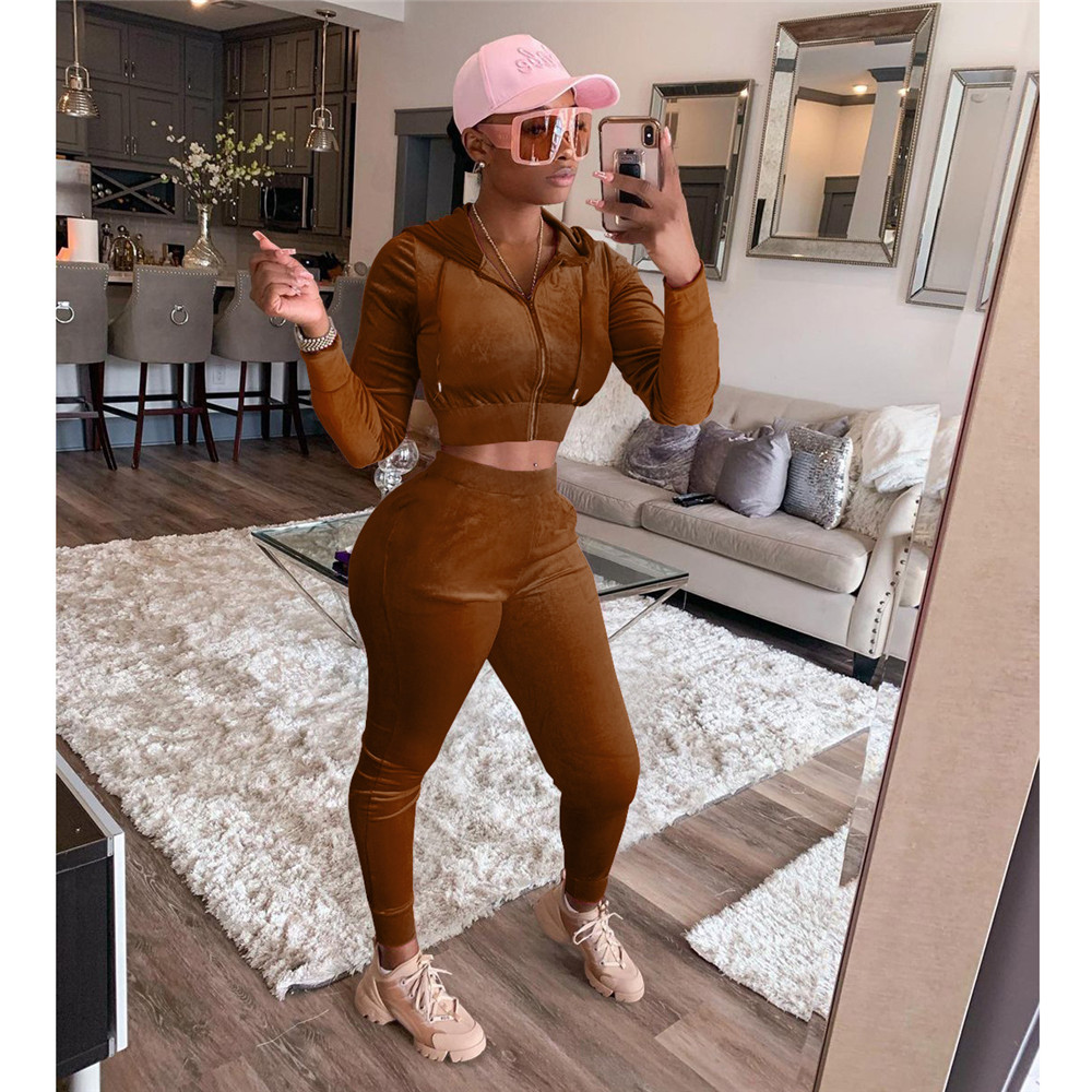 Fall Winter Velvet Tracksuits Women Two Piece Sets Autumn Clothes Sweatsuits Long Sleeve Hooded Jacket And Pants Casual Velour Sportswear Clothing 872