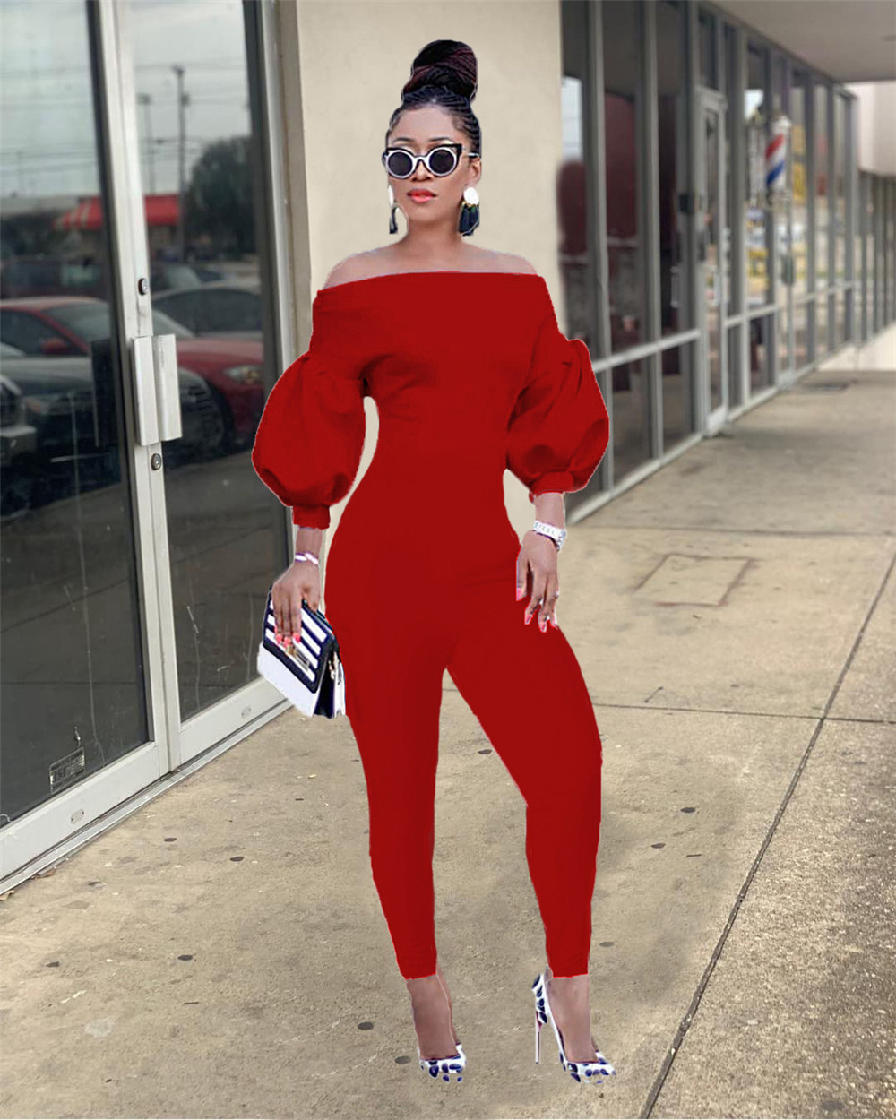 Fall Winter off shoulder Jumpsuits Women Lantern Sleeve Rompers Casual Bodycon Jumpsuits One Piece Outfits Autumn Clothes Fashion jumpers Club Overall