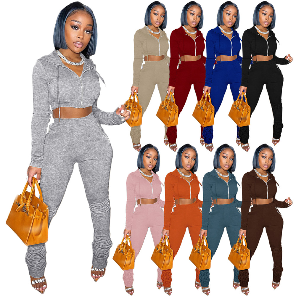 Fall Winter Fleece Tracksuits Women Two Piece Sets Long Sleeve Sweatsuits Hooded Jacket and Stacked Pants 2pcs Casual Solid Sports Suits Outdoor Jogge