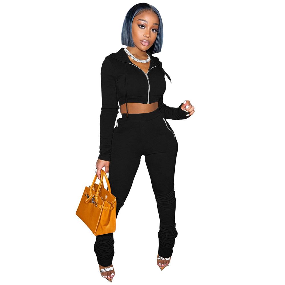 Fall Winter Fleece Tracksuits Women Two Piece Sets Long Sleeve Sweatsuits Hooded Jacket and Stacked Pants 2pcs Casual Solid Sports Suits Outdoor Jogge