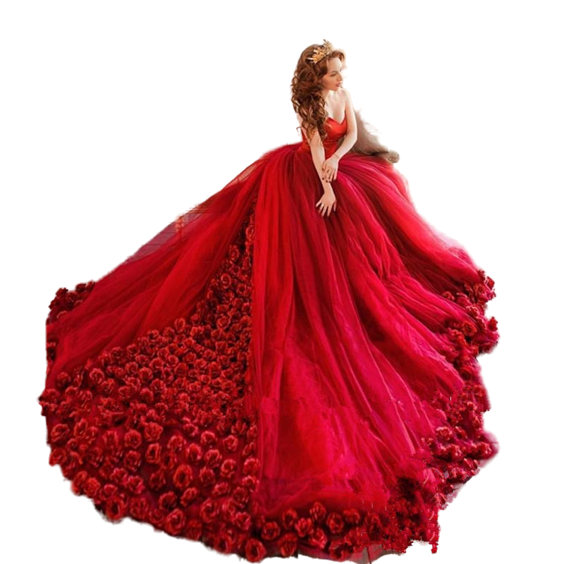2023 Luxury Flowers Appliques Red Quinceanera Dresses Long Train Cinderella Gowns Off Shoulder Tulle Floral Sweet 16 Dress Vestido 15 Anos