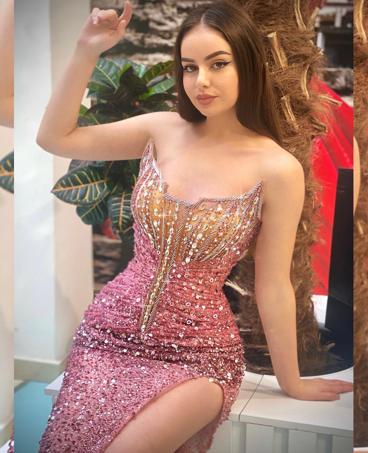 Rose Gold Sexy Elegant Sparkly Party Prom Dress Strapless Neck Sequins Plus Size Cocktail Evening Gowns Custom Made