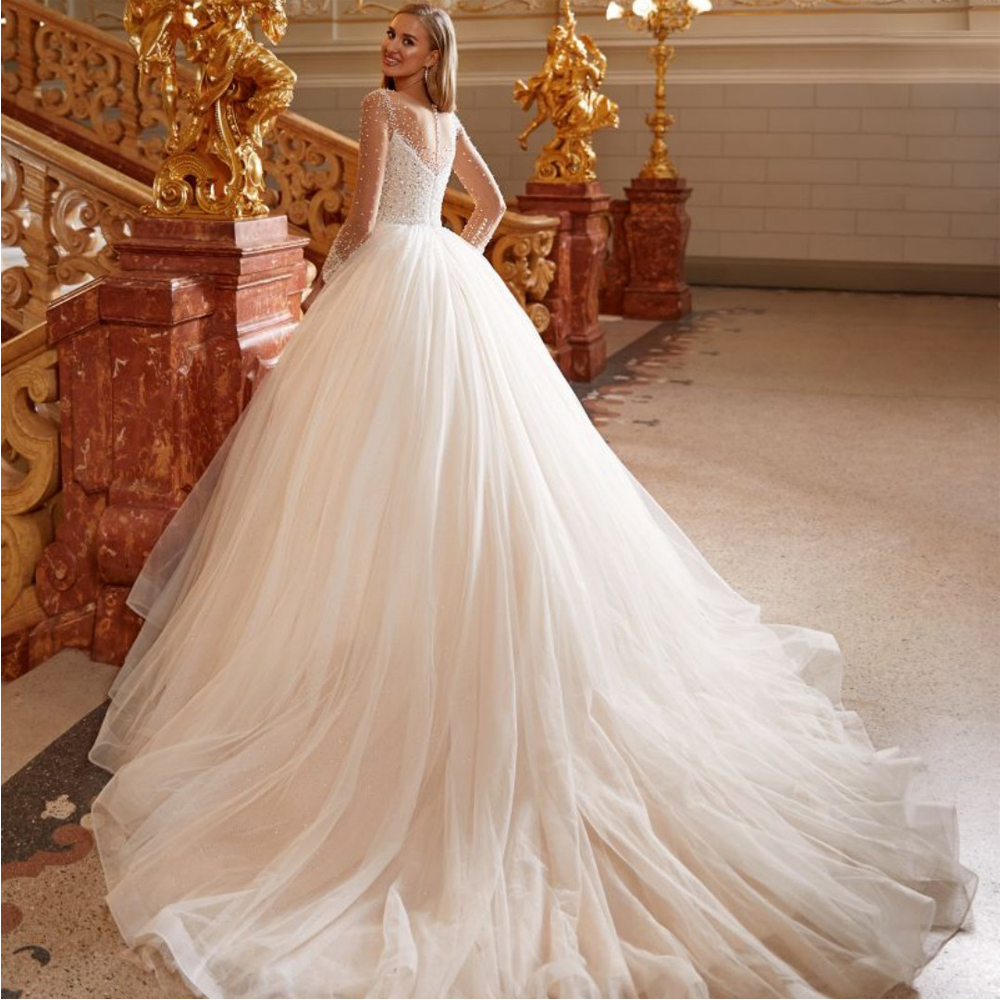 Beading Ball Gown Wedding Dress for Transparent Long Sleeve vestidos de mariage Tulle Princess Bridal Dresses 0516