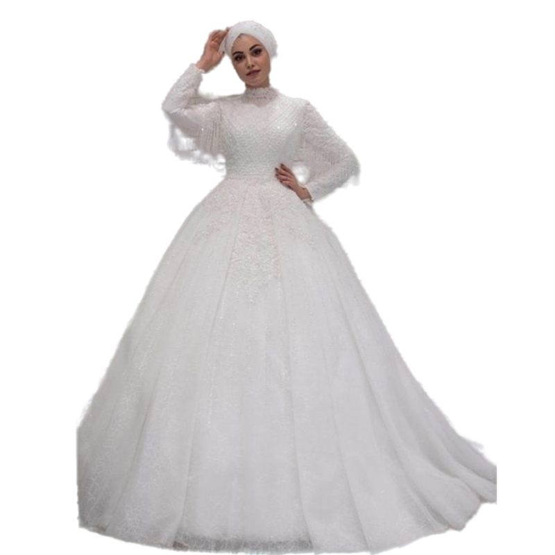 2023 Crystals Beaded Muslim A-Line Wedding Dresses Long Sleeves High Neck Lace Applique Beading Tassel Hijab Bridal Gowns Elegant Luxury Floor Length 